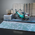 Turquoise Motorcycle Parked on Brick Pavement Near Stone Walls and Structures