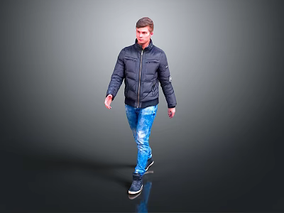 Man Walking in Dark Blue Puffer Jacket Blue Jeans and Black Shoes on Gray Background 3d model