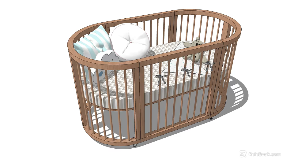 Wooden Oval Baby Crib With Striped Pillow White Cushion And Stuffed Animal Toys 3d model 