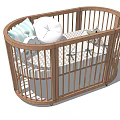 Wooden Oval Baby Crib With Striped Pillow White Cushion And Stuffed Animal Toys