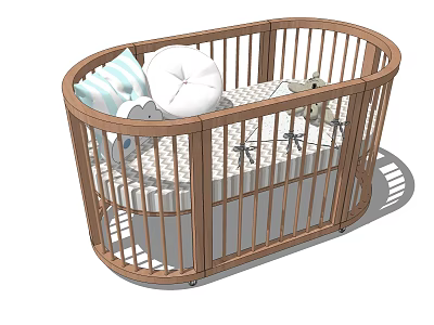 Wooden Oval Baby Crib With Striped Pillow White Cushion And Stuffed Animal Toys 3d model