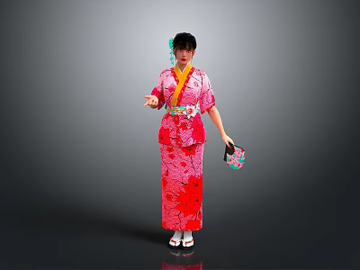 Japanese Woman In Pink Kimono With Red Patterns And Hair Accessory Holding Small Bag 3d model