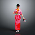 Japanese Woman In Pink Kimono With Red Patterns And Hair Accessory Holding Small Bag