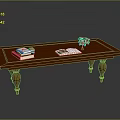 Wooden Long Table with Stacked Books Open Magazine and Small Toy Car