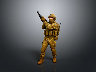 Yellow Uniformed Military Soldier Holding Gun With Helmet Face Mask Standing Against Gray Background 3d model