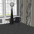 Modern Indoor Scene Featuring Black Cone Shaped Inflatable With Windows Gray Chair And Marble Floor