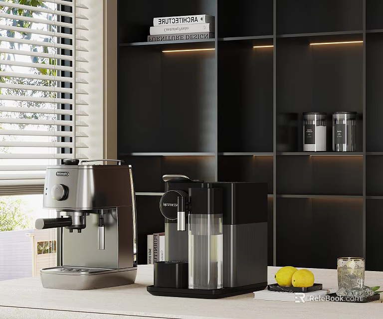 Stylish Coffee Machines on Kitchen Counter with Silver Black Design and Fresh Lemons Near Window 3d model 
