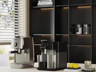 Stylish Coffee Machines on Kitchen Counter with Silver Black Design and Fresh Lemons Near Window 3d model