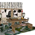 Wooden Dining Table Set With Matching Chairs Fruits Dishes Lamps And Decorative Paintings