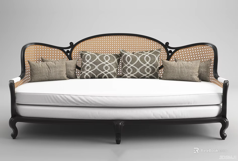 Multi Seater Sofa With Black Frame Wicker Backrest White Cushions And Geometric Patterned Throw Pillows 3d model 