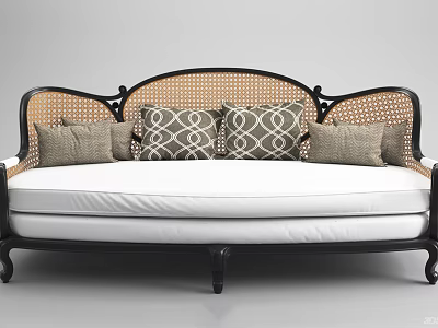 Multi Seater Sofa With Black Frame Wicker Backrest White Cushions And Geometric Patterned Throw Pillows 3d model
