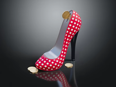 Red Polka Dot High Heels with Coin on Heel and Scattered Coins on Black Background 3d model