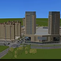 Bustling Commercial Street With Tall Commercial Buildings Parked Cars Lush Greenery and Large Billboard