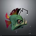 Green Fish Like Creature With Red Yellow Fins Sharp Teeth And Glowing Antenna Underwater Bubbles