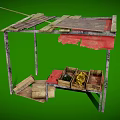 Rustic Wooden Stall Structure With Worn Planks Roof And Wooden Crates