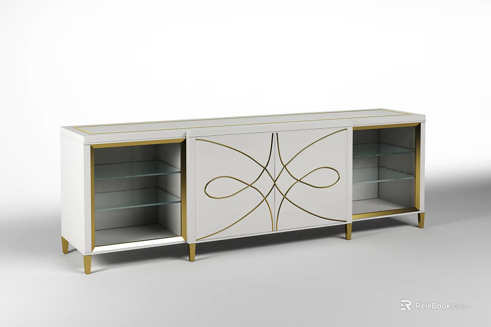 Elegant Modern TV Stand With White Cabinet Gold Accents Glass Shelves And Decorative Design 3d model 