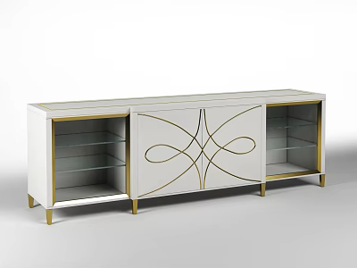 Elegant Modern TV Stand With White Cabinet Gold Accents Glass Shelves And Decorative Design 3d model