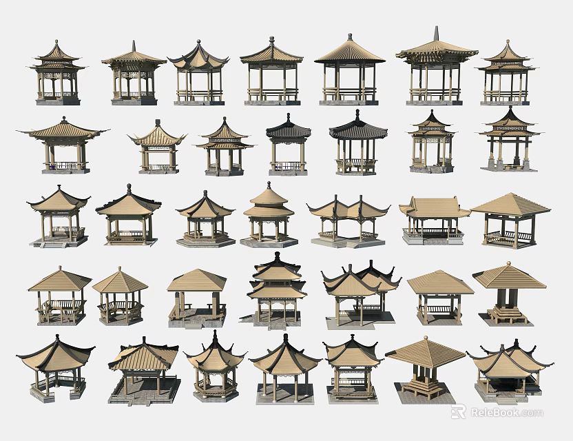Traditional Chinese Pavilion Models With Various Architectural Styles And Roof Designs 3d model 