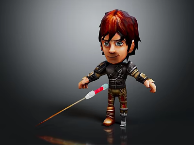 Cartoon Man In Dark Decorated Outfit With Reddish Brown Hair Holding Stick On Reflective Background 3d model