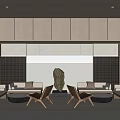 Hotel Public Lounge Area With Comfortable Sofas Wooden Chairs And Mountain Landscape Backdrop