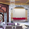 Luxury Hotel Reception With Marble Arch Golden Columns Crystal Chandelier Tree Decorative Wall And Sofa Seating