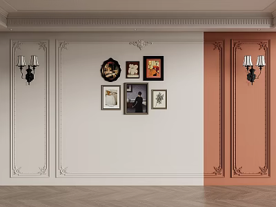 White And Orange Background Wall With Decorative Molding Wall Sconces And Framed 3d model