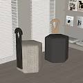 Two Stylish Accent Chairs With Gray Woven Texture And Black Fabric Wooden Handle By Window Blinds And Shelf