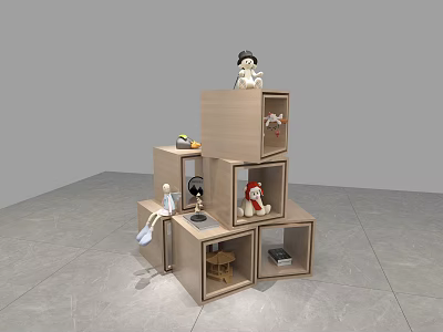 Floral Display With Stacked Wooden Cubes And Decorative Items Like Dolls Fruits And Books 3d model
