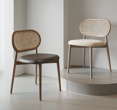 Modern Single Chair Design With Rattan Backrest Wooden Legs And Upholstered Cushion 3d model