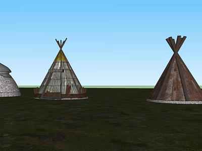 Traditional Tipis on Green Grassland With Blue Sky Different Designs And Structures 3d model