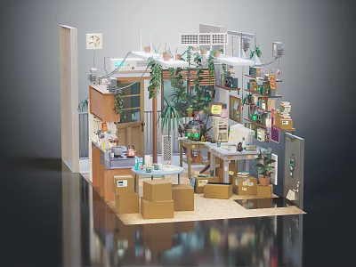 Cartoon Scene Detailed Interior With Multiple Plants Bookshelves Cardboard Boxes Small Tables And Various Items 3d model
