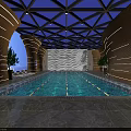 Modern Indoor Swimming Pool With Glass Ceiling Geometric Framework Curved Walls And White Lounge Chairs