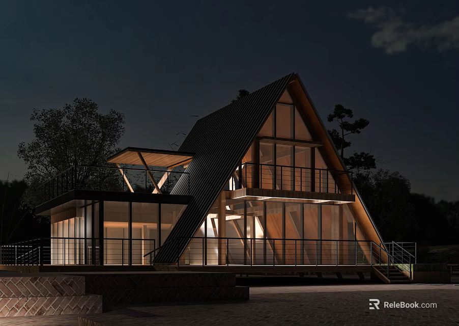 Guesthouse Building with Triangular Roof Large Glass Windows and Wooden Structure Illuminated at Night 3d model 