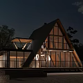 Guesthouse Building with Triangular Roof Large Glass Windows and Wooden Structure Illuminated at Night