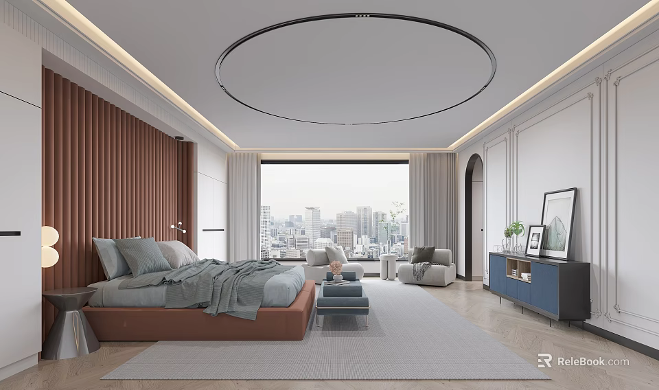 Modern Bedroom Interior With Brown Wall Panel Gray Bedding City View And Circular Ceiling Light 3d model