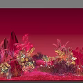 Floral Art Installation With Red Background Pink Flowers Plants And Rock Decorations