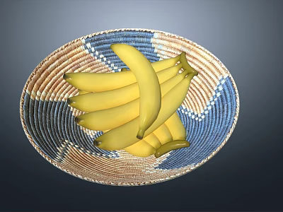 Fresh Ripe Yellow Bananas Arranged in a Colorful Handwoven Basket on Dark Background 3d model
