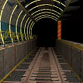 Future Architecture Tunnel Interior With Yellow Curved Lights Gray Walls And Metal Railings