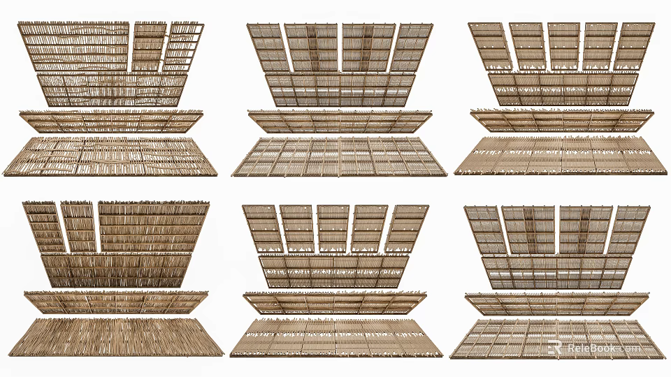 Ceiling Design With Wooden Grid Patterns And Various Interior Styles 3d model