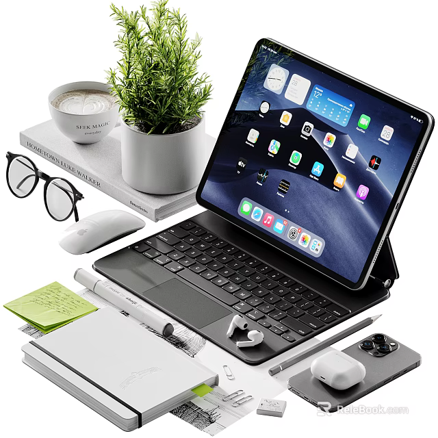 Elegant Office Desk Ornament Combination with Tablet Keyboard Plant and Stationery 3d model 
