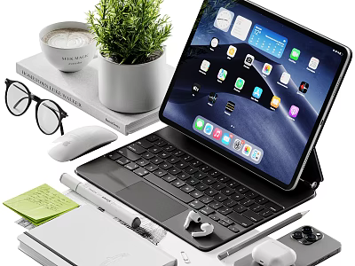 Elegant Office Desk Ornament Combination with Tablet Keyboard Plant and Stationery 3d model