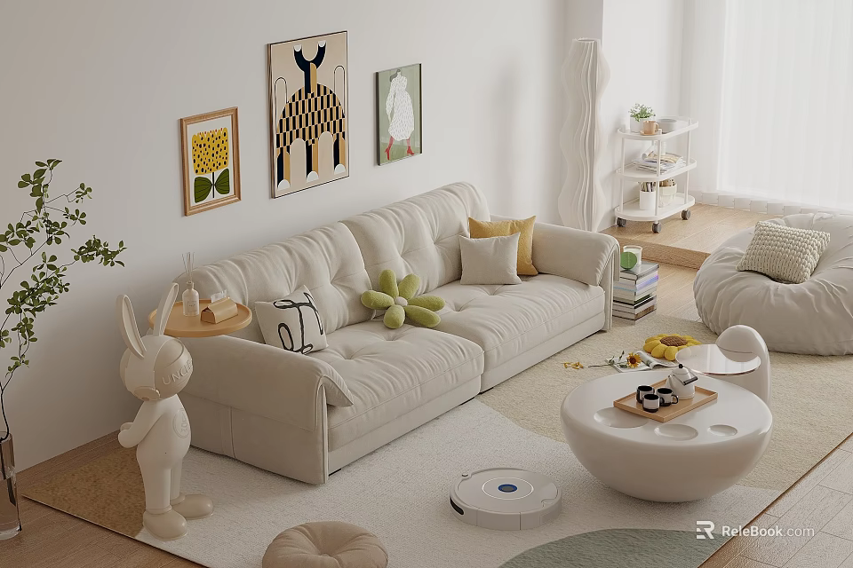 Cozy Two-Seater Beige Fabric Sofa In Living Room With Decorative Pillows And Area Rug 3d model 