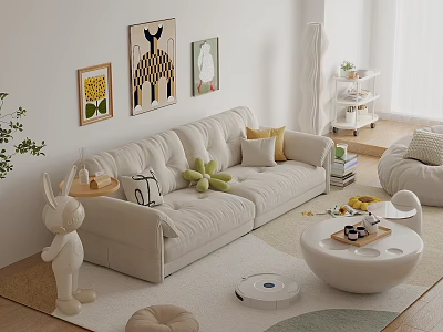 Cozy Two-Seater Beige Fabric Sofa In Living Room With Decorative Pillows And Area Rug 3d model