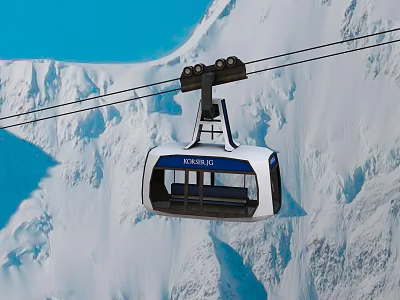 Scenic Cable Car Ride Over Snowy Mountain Peaks Under Clear Blue Sky 3d model