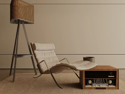 Beige Leather Leisure Chair With Wooden Side Table And Woven Floor Lamp On Carpeted Floor 3d model