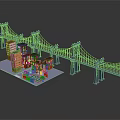 Blue Bridge with Red and Brown Buildings and Small Green Area