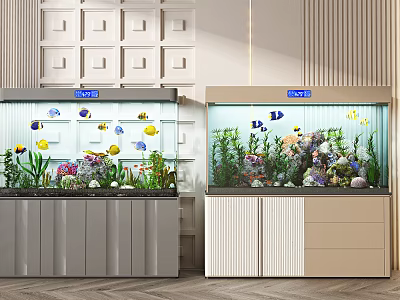 Modern Aquarium Setup With Colorful Fish Live Plants Decorative Rocks And Storage Cabinets 3d model
