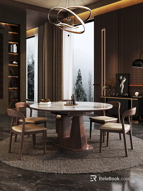 Elegant Restaurant Interior With Round Marble Dining Table Chairs Large Windows And Snowy Tree View 3d model 