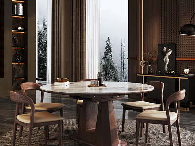 Elegant Restaurant Interior With Round Marble Dining Table Chairs Large Windows And Snowy Tree View 3d model