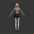 Blonde Woman Wearing Gray Long Sleeve Top Black Skirt White Thigh High Socks Black Heels